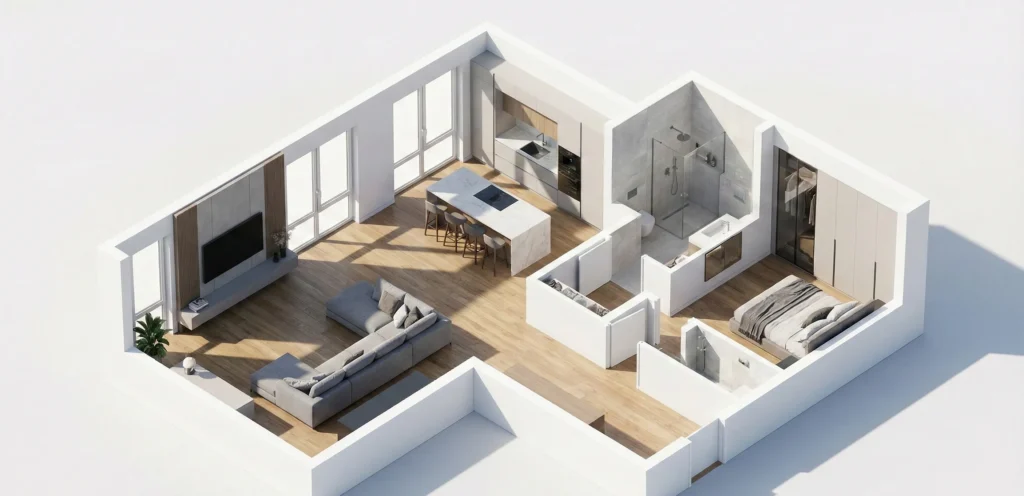 Τρισδιάστατη κάτοψη (3D floor plan) διαμερίσματος σε ισομετρική προβολή που δείχνει την επίπλωση και τη ροή του χώρου.