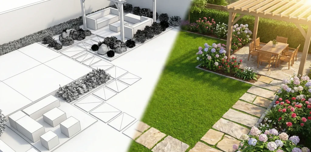 Διαχωρισμένη εικόνα που δείχνει αριστερά το λευκό τρισδιάστατο αρχιτεκτονικό σχέδιο και δεξιά την τελική φωτορεαλιστική απεικόνιση του κήπου με φυτά και υλικά.