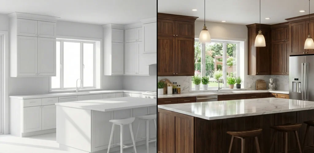 Εικόνα χωρισμένη στη μέση που δείχνει αριστερά το λευκό τρισδιάστατο μοντέλο και δεξιά την τελική φωτορεαλιστική εικόνα του ίδιου δωματίου.