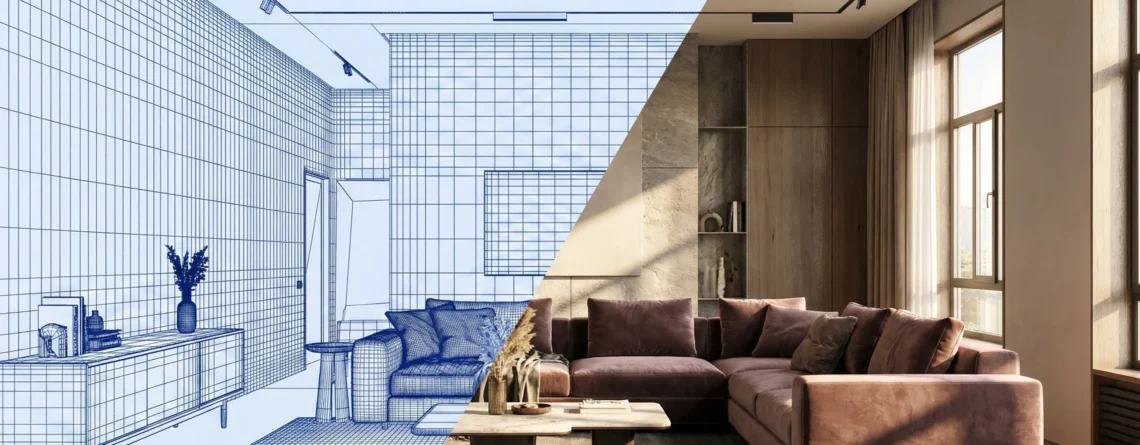 Διαγώνια διαχωρισμένη εικόνα που δείχνει τη μετάβαση από το ψηφιακό wireframe σχέδιο σε φωτορεαλιστικό 3D render ενός μοντέρνου σαλονιού.