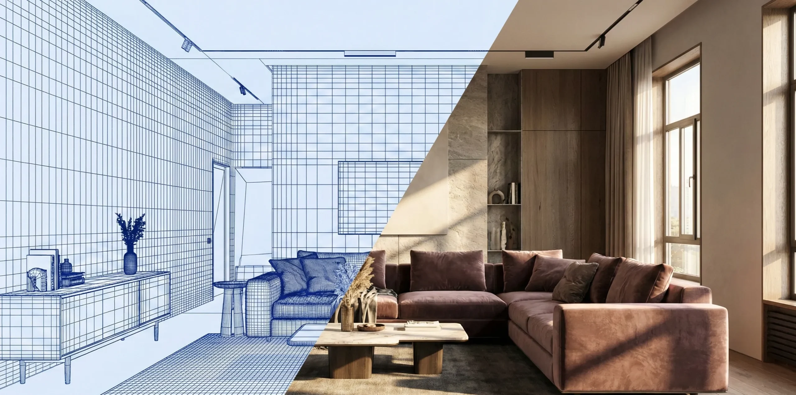 Διαγώνια διαχωρισμένη εικόνα που δείχνει τη μετάβαση από το ψηφιακό wireframe σχέδιο σε φωτορεαλιστικό 3D render ενός μοντέρνου σαλονιού.