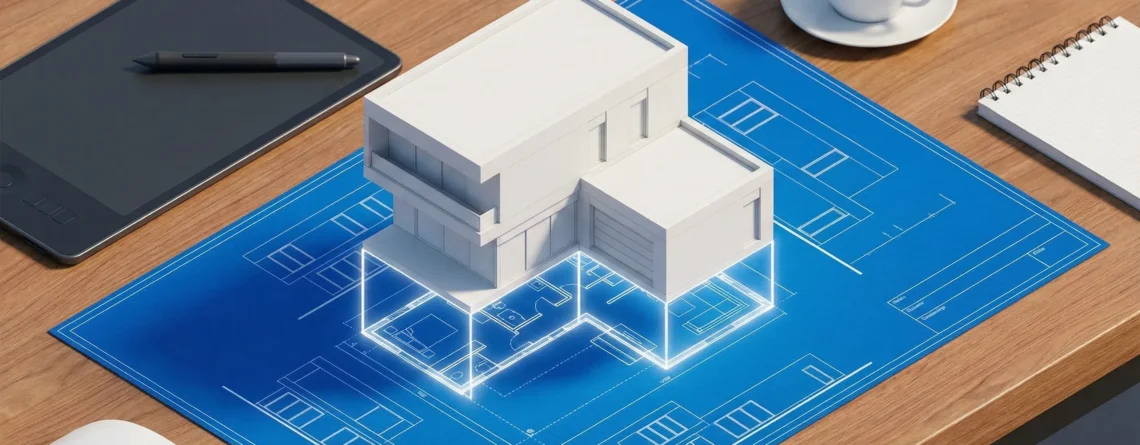 Τρισδιάστατο αρχιτεκτονικό σχέδιο μελέτης που αναδύεται ψηφιακά από μια δισδιάστατη κάτοψη, συμβολίζοντας την εξέλιξη του σχεδιασμού.