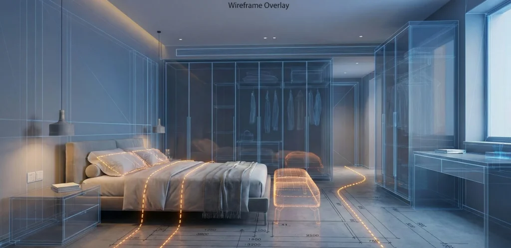 Τρισδιάστατη απεικόνιση υπνοδωματίου με τεχνική wireframe που δείχνει τη χωροθέτηση επίπλων και τη ροή κίνησης.