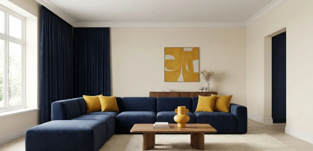 Μοντέρνο σαλόνι που επιδεικνύει τον διακοσμητικό κανόνα χρώματος 60-30-10 με μπεζ, μπλε και κίτρινες αποχρώσεις.