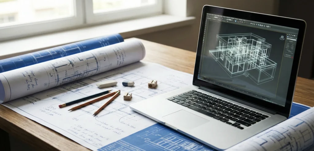 Γραφείο αρχιτέκτονα με παραδοσιακά σχέδια και 3D μοντέλο σε υπολογιστή, δείχνοντας τα στάδια του αρχιτεκτονικού σχεδιασμού.
