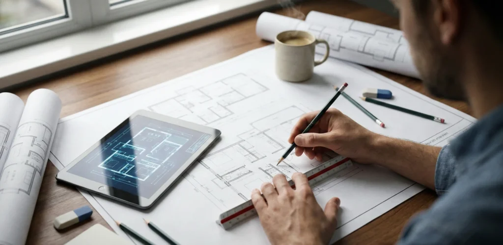 Χέρια αρχιτέκτονα που σχεδιάζουν λεπτομερή κάτοψη σπιτιού πάνω σε γραφείο με εργαλεία σχεδίασης.