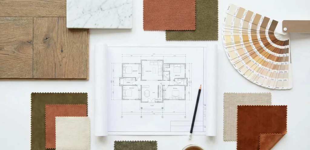 Αρχιτεκτονική μελέτη κάτοψης πλαισιωμένη από δείγματα υλικών ανακαίνισης όπως ξύλο, μάρμαρο και υφάσματα.