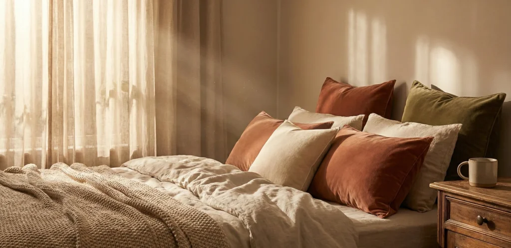 Φωτορεαλιστικό 3D σχέδιο υπνοδωματίου που δείχνει πώς το φυσικό απογευματινό φως αλληλεπιδρά με τις υφές των υφασμάτων και των επίπλων.