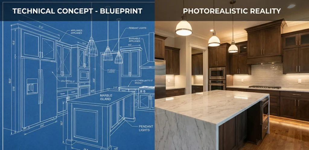 Εικόνα χωρισμένη στη μέση που δείχνει αριστερά την τεχνική κάτοψη και δεξιά την τελική φωτορεαλιστική εικόνα του ίδιου δωματίου.