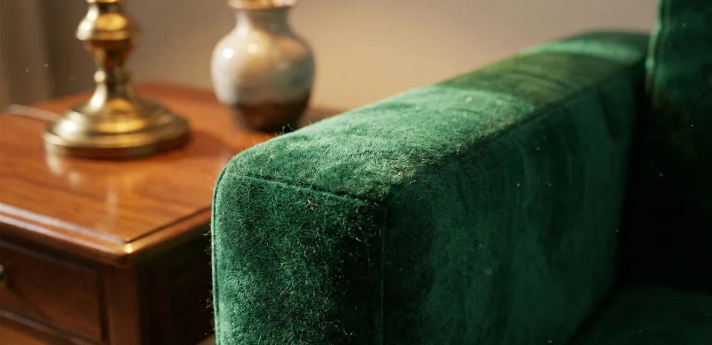 Κοντινή φωτορεαλιστική λήψη σε λεπτομέρειες διακόσμησης, δείχνοντας την υφή του υφάσματος και του ξύλου.