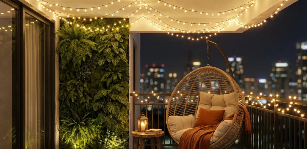 Τρισδιάστατη απεικόνιση μικρού μπαλκονιού τη νύχτα με ατμοσφαιρικό φωτισμό, γιρλάντες και κάθετο κήπο.
