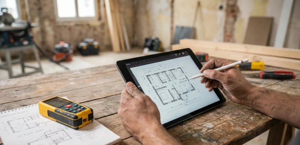 Tablet που δείχνει σχέδιο κάτοψης και εργαλείο μέτρησης λέιζερ, απαραίτητα για την επαγγελματική αποτύπωση χώρου. 