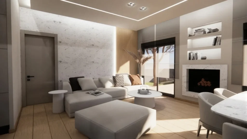 Φωτεινό μοντέρνο σαλόνι με λευκό γωνιακό καναπέ και μεγάλο πουφ, τοίχο με ιδιαίτερη τεχνοτροπία και ξύλινα πηχάκια, εντοιχιζόμενο τζάκι και χώρο τραπεζαρίας.