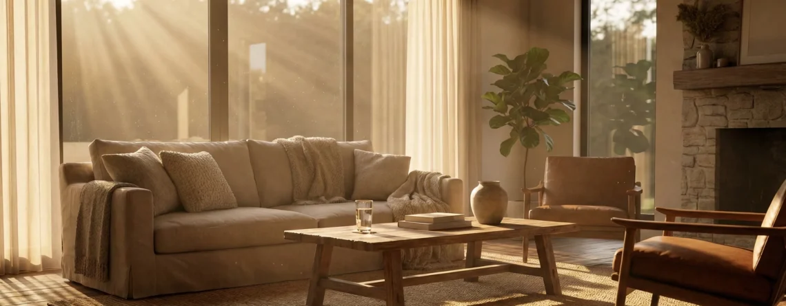 Εντυπωσιακή φωτορεαλιστική απεικόνιση σαλονιού με φυσικό φως να μπαίνει από το παράθυρο, αναδεικνύοντας τις υφές των επίπλων.