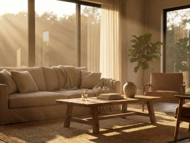 Εντυπωσιακή φωτορεαλιστική απεικόνιση σαλονιού με φυσικό φως να μπαίνει από το παράθυρο, αναδεικνύοντας τις υφές των επίπλων.
