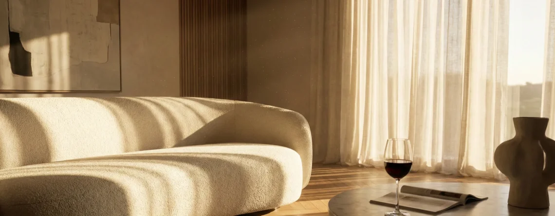 Εντυπωσιακή φωτορεαλιστική απεικόνιση καθιστικού με φυσικό φως να πέφτει πάνω στον καναπέ και το ξύλινο δάπεδο.