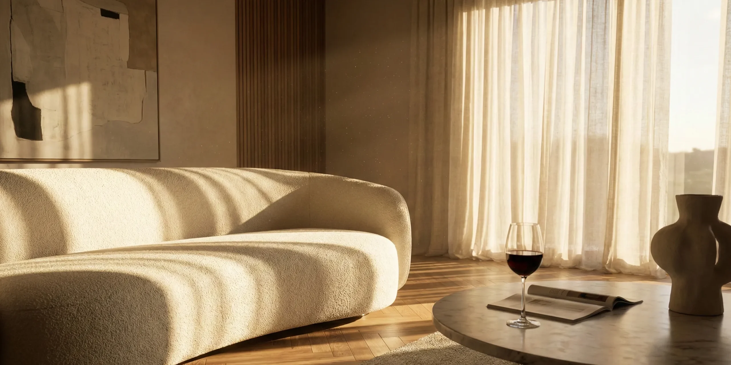 Εντυπωσιακή φωτορεαλιστική απεικόνιση καθιστικού με φυσικό φως να πέφτει πάνω στον καναπέ και το ξύλινο δάπεδο.