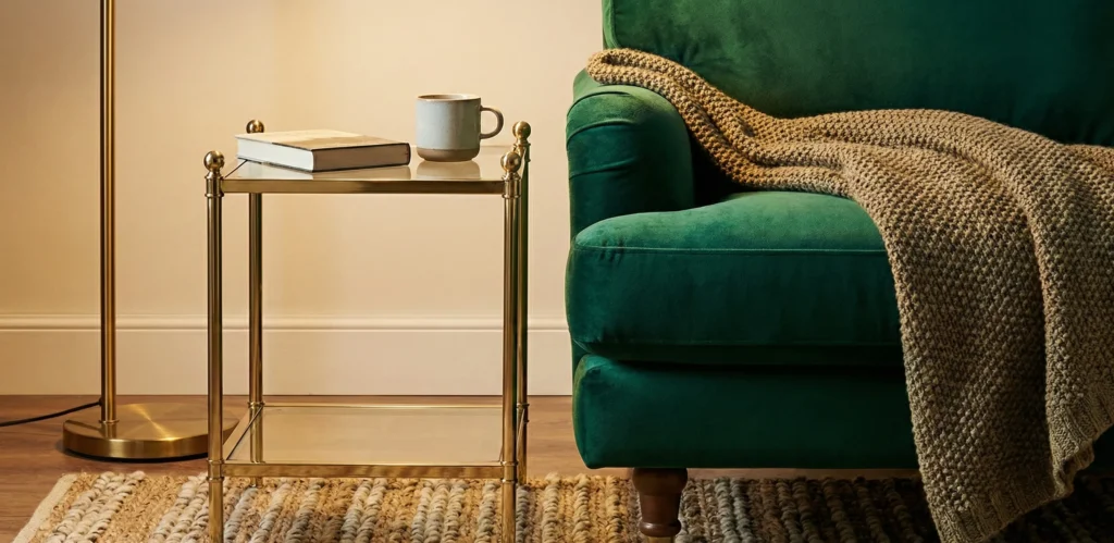 Λεπτομέρεια διακόσμησης που δείχνει τον συνδυασμό διαφορετικών υφών: βελούδο, μέταλλο και πλεκτά υφάσματα για οπτικό ενδιαφέρον.