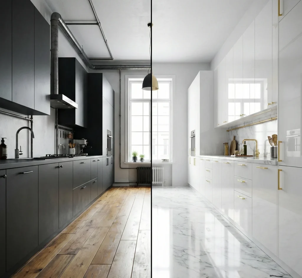 Σύγκριση δύο διαφορετικών στυλ διακόσμησης στην ίδια κουζίνα μέσω 3D rendering: σκούρα μοντέρνα εκδοχή εναντίον λευκής κλασικής εκδοχής.