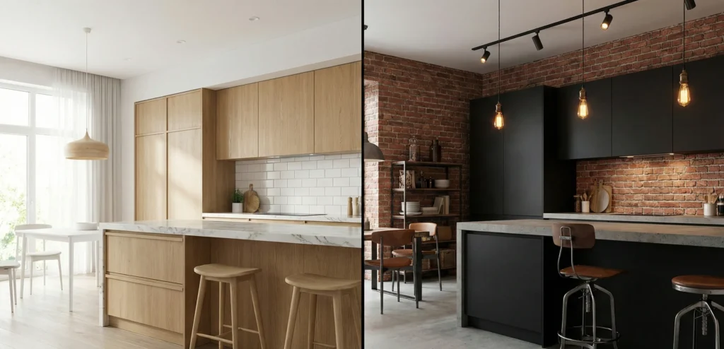 Σύνθεση που δείχνει την ίδια κουζίνα σχεδιασμένη με δύο διαφορετικά στυλ και χρώματα για σύγκριση.