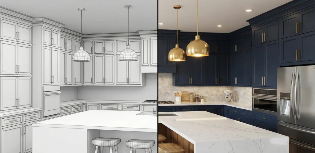 Εικόνα σύγκρισης που δείχνει αριστερά το γραμμικό σχέδιο της κουζίνας και δεξιά την τελική φωτορεαλιστική της μορφή.