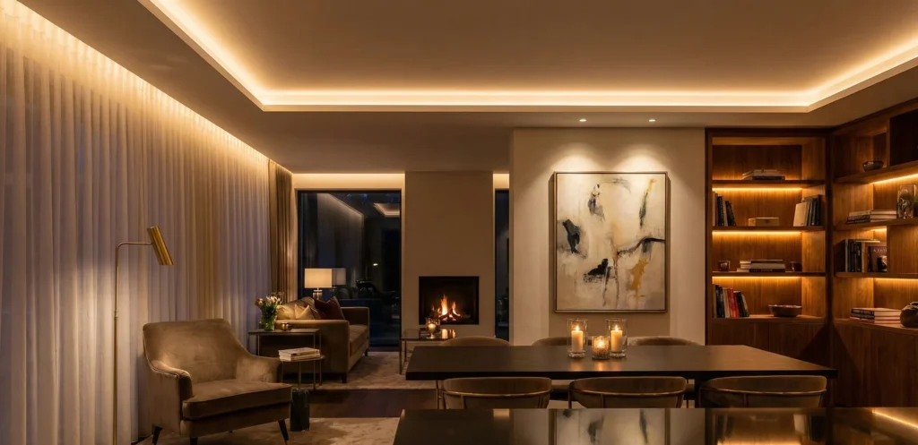 Σαλόνι το βράδυ που απεικονίζει τα τρία επίπεδα επαγγελματικού φωτισμού: γενικός, λειτουργικός και διακοσμητικός.