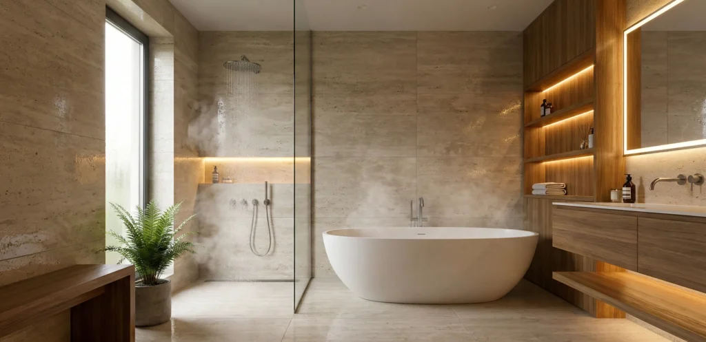 Σχεδιασμός πολυτελούς μπάνιου με στυλ SPA, ελεύθερη μπανιέρα και κρυφό φωτισμό.