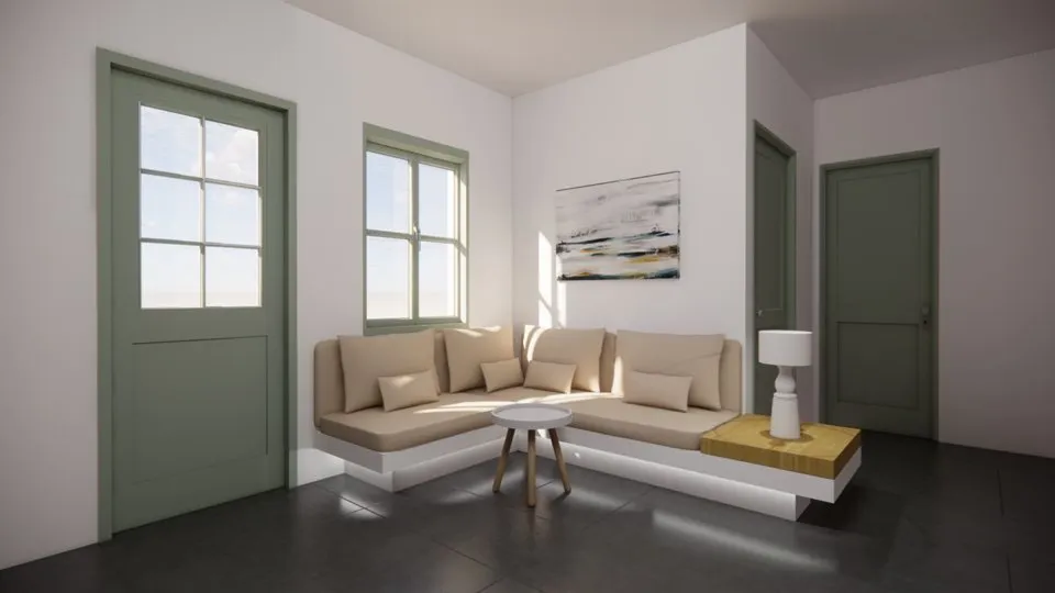 Μινιμαλιστική γωνιά καθιστικού με κτιστό λευκό καναπέ και μπεζ μαξιλάρια, κρυφό φωτισμό στη βάση, σκούρο δάπεδο και κουφώματα σε απαλή πράσινη απόχρωση (sage green).