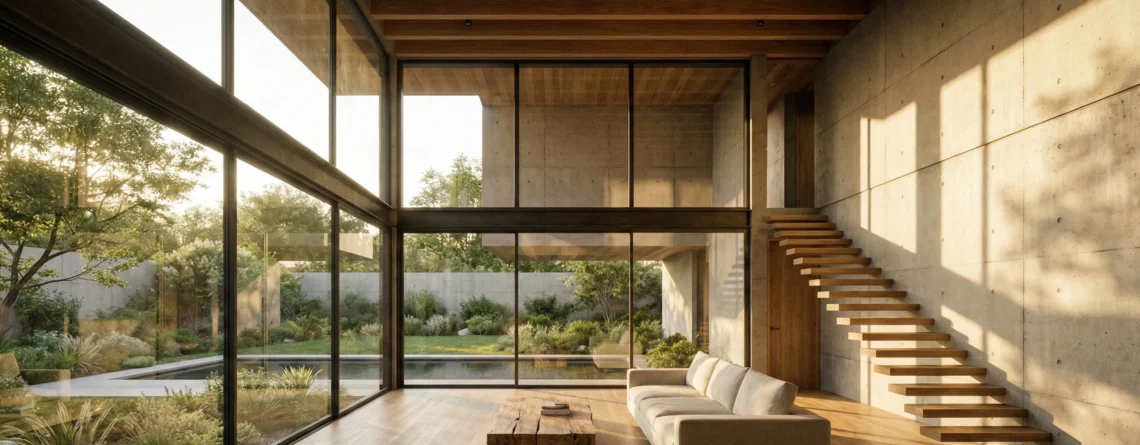 Μοντέρνος αρχιτεκτονικός σχεδιασμός σαλονιού με μεγάλα παράθυρα που επιτρέπουν στο φυσικό φως να αναδείξει τους όγκους και τα υλικά του χώρου.