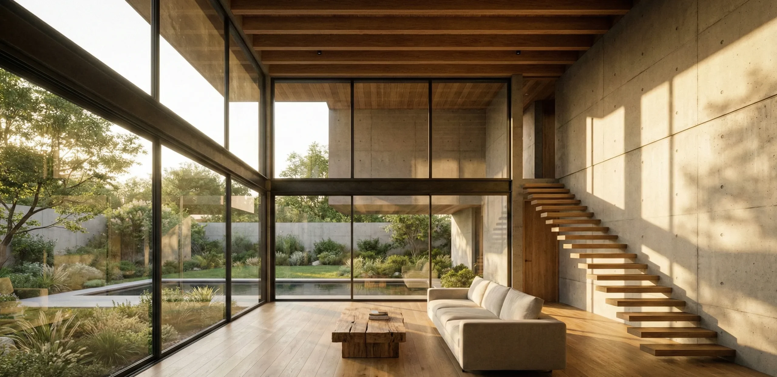 Μοντέρνος αρχιτεκτονικός σχεδιασμός σαλονιού με μεγάλα παράθυρα που επιτρέπουν στο φυσικό φως να αναδείξει τους όγκους και τα υλικά του χώρου.