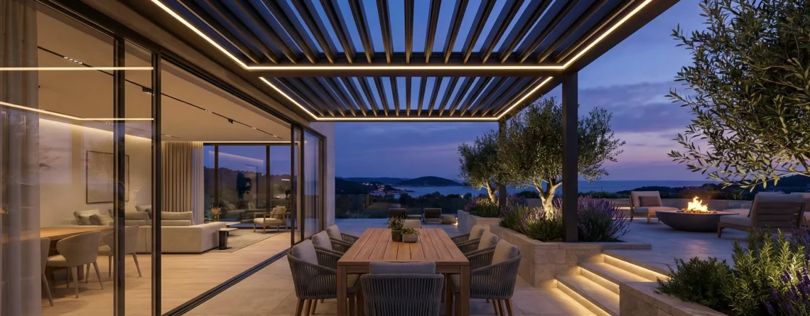 Φωτορεαλιστική τρισδιάστατη απεικόνιση μοντέρνας βεράντας που ενώνεται με το σαλόνι, με πέργκολα και κρυφό φωτισμό κατά το σούρουπο.