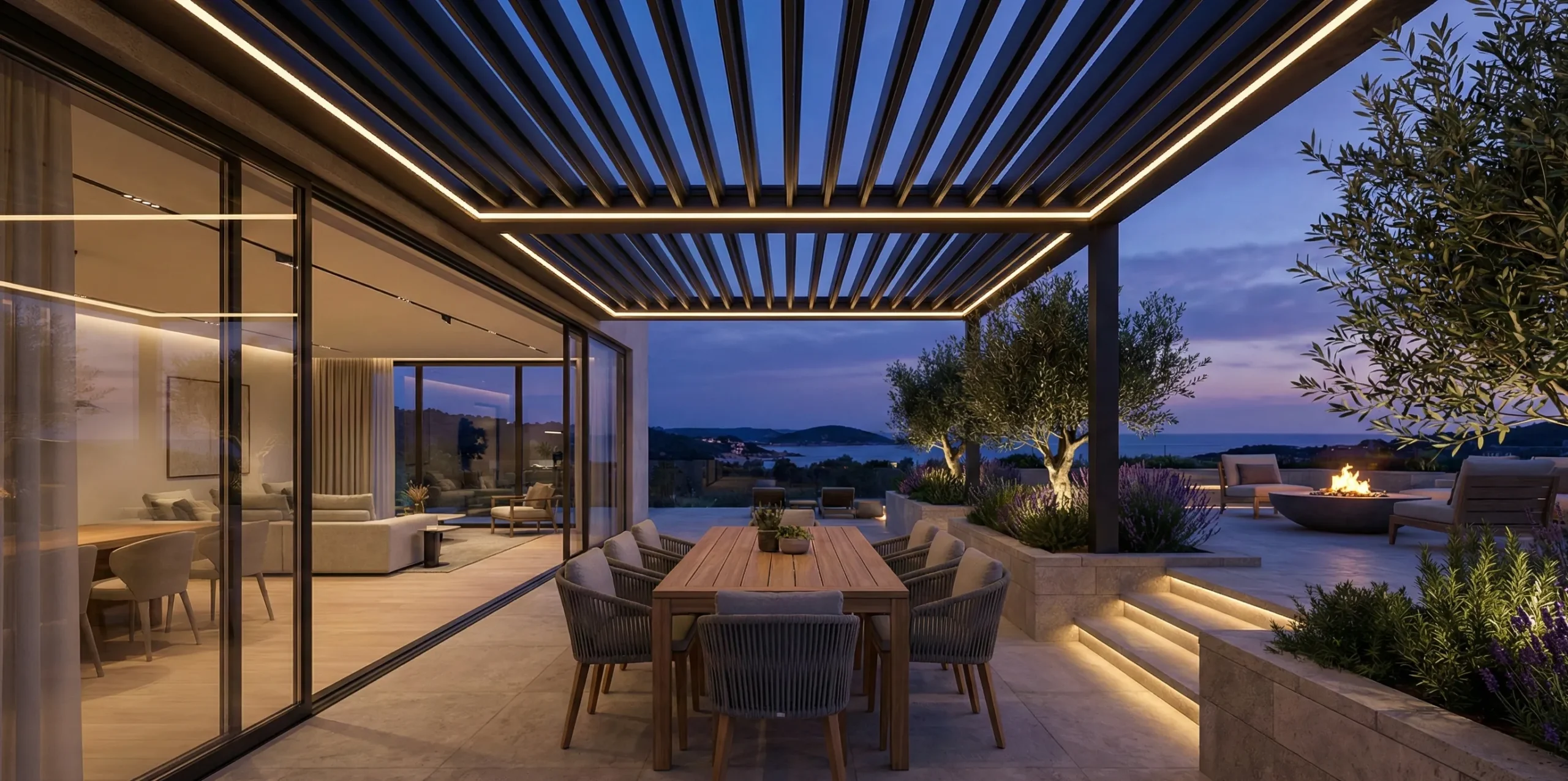 Φωτορεαλιστική τρισδιάστατη απεικόνιση μοντέρνας βεράντας που ενώνεται με το σαλόνι, με πέργκολα και κρυφό φωτισμό κατά το σούρουπο.