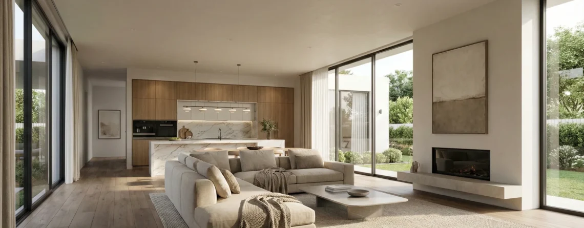 Εντυπωσιακή φωτορεαλιστική τρισδιάστατη απεικόνιση ενιαίου χώρου σαλονιού και κουζίνας με φυσικό φως.