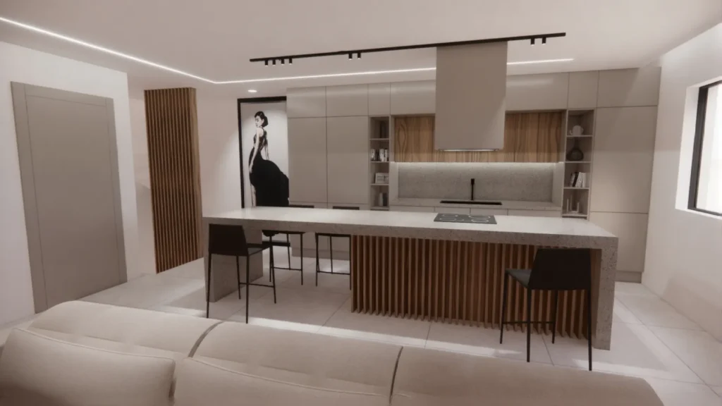 Μοντέρνα κουζίνα με μεγάλη νησίδα επενδυμένη με κάθετα ξύλινα πηχάκια, μινιμαλιστικά γκρι ντουλάπια, μαύρα σκαμπό μπαρ και μοντέρνο φωτισμό ράγας οροφής.