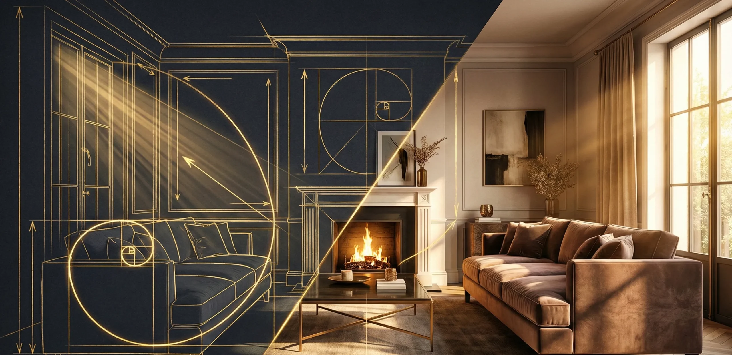 Εικαστική απεικόνιση που δείχνει τη δομική και γεωμετρική ανάλυση ενός χώρου να μεταμορφώνεται σε επαγγελματική διακόσμηση σαλονιού.