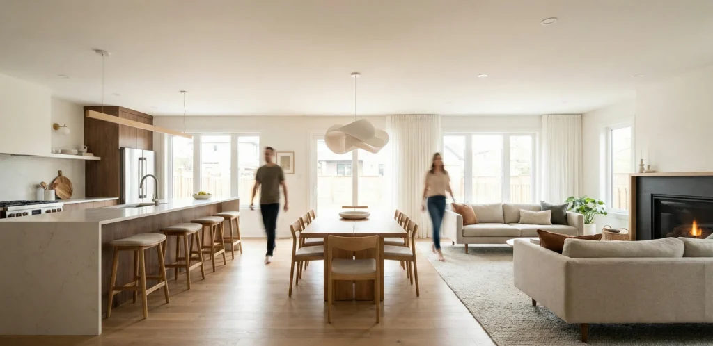 Ενιαίος χώρος κατοικίας που συνδυάζει κουζίνα και καθιστικό με σωστή αρχιτεκτονική διαρρύθμιση και διακριτές ζώνες λειτουργίας.