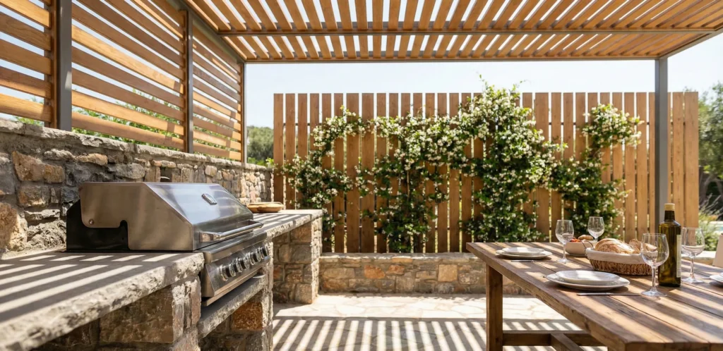 Σχεδιασμός εξωτερικής κουζίνας και τραπεζαρίας κάτω από ξύλινη πέργκολα με σωστή σκίαση και μεσογειακή φύτευση.