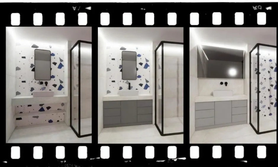 Κολάζ τύπου φιλμ με τρεις σχεδιαστικές προτάσεις για μοντέρνο μπάνιο, με πλακάκια terrazzo (μωσαϊκό) σε λευκό και μπλε, μαύρη ντουζιέρα και διαφορετικές επιλογές για το έπιπλο του νιπτήρα και τον καθρέφτη.
