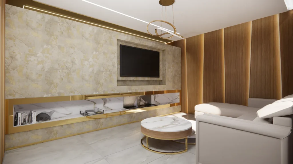 Πολυτελές σαλόνι με επένδυση τοίχου σε όψη μαρμάρου με χρυσές λεπτομέρειες, ενσωματωμένο τζάκι, λευκό γωνιακό καναπέ, στρογγυλό τραπεζάκι και ξύλινα πάνελ με κρυφό φωτισμό.