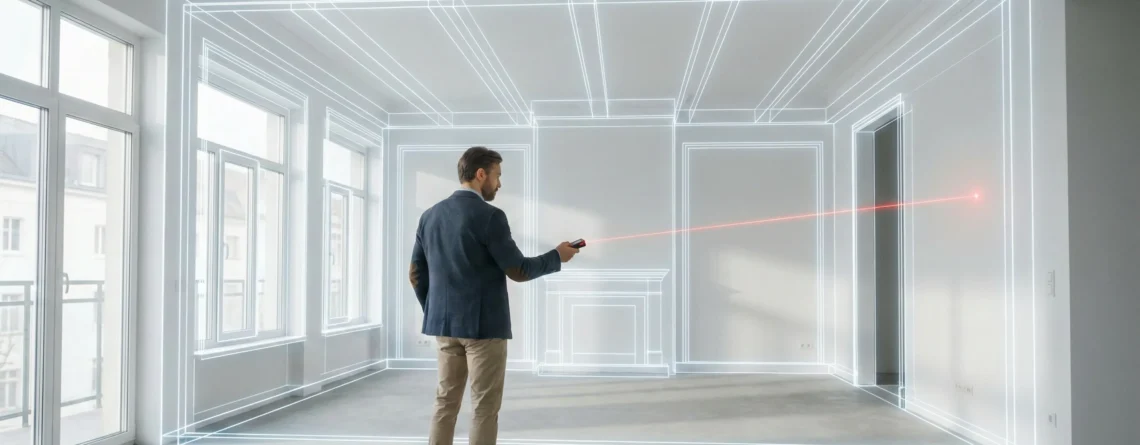 Αρχιτέκτονας χρησιμοποιεί μετρητή λέιζερ για την ακριβή αποτύπωση εσωτερικού χώρου με ψηφιακά γραφήματα κάτοψης.