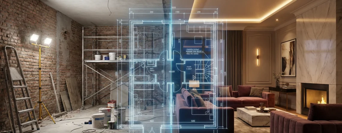 Σύνθεση που δείχνει τη μετάβαση από εργοτάξιο ανακαίνισης σε ολοκληρωμένο πολυτελές σαλόνι μέσω αρχιτεκτονικής μελέτης.