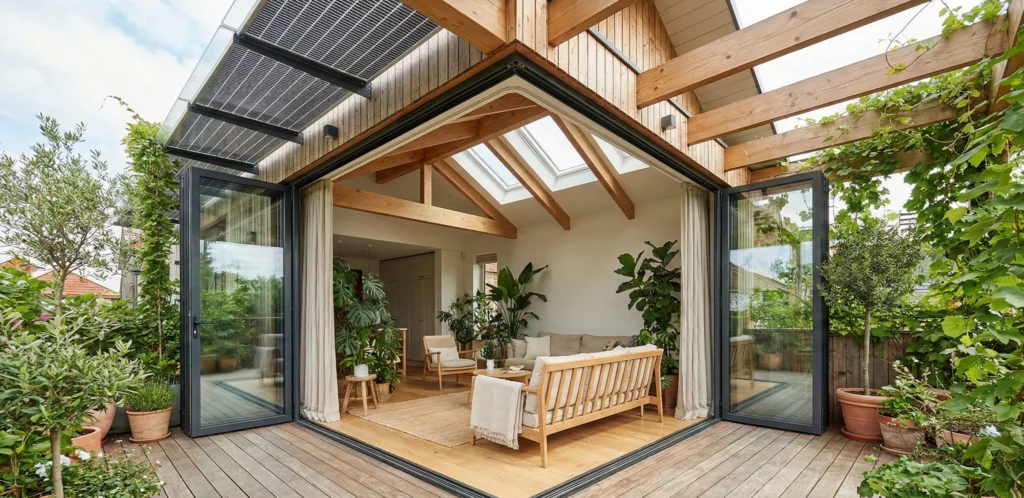 Βιοκλιματικός σχεδιασμός σπιτιού που ενσωματώνει φυτά και φυσικά υλικά, συνδέοντας αρμονικά τον εσωτερικό με τον εξωτερικό χώρο.