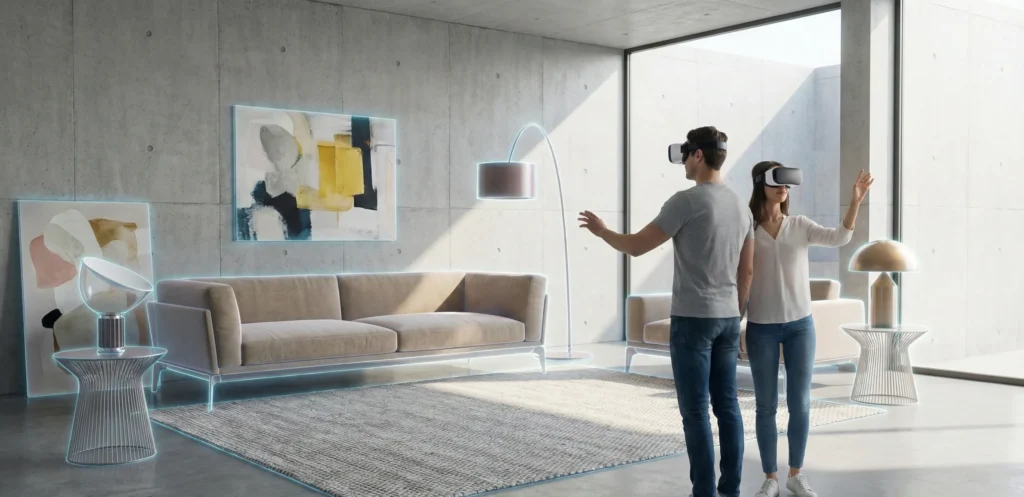 Ζευγάρι χρησιμοποιεί γυαλιά εικονικής πραγματικότητας (VR) για να δει πώς θα φαίνεται το επιπλωμένο σπίτι τους μέσα σε έναν άδειο χώρο.